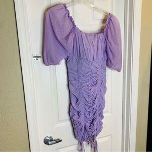 Lavender Ruched Dress with Puff Sleeves
